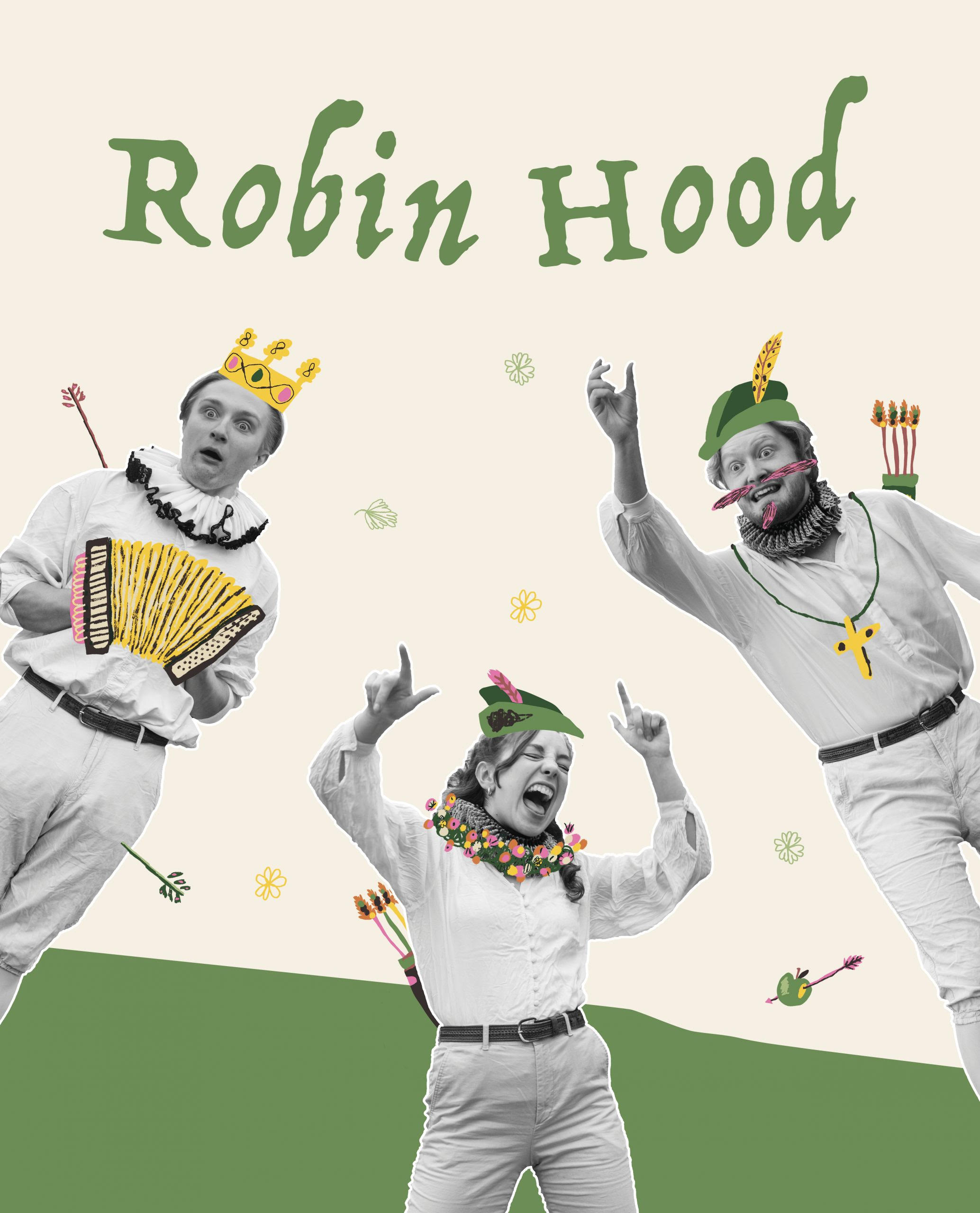 3 people in costume cut out on a graphical background with the text Robin Hood above